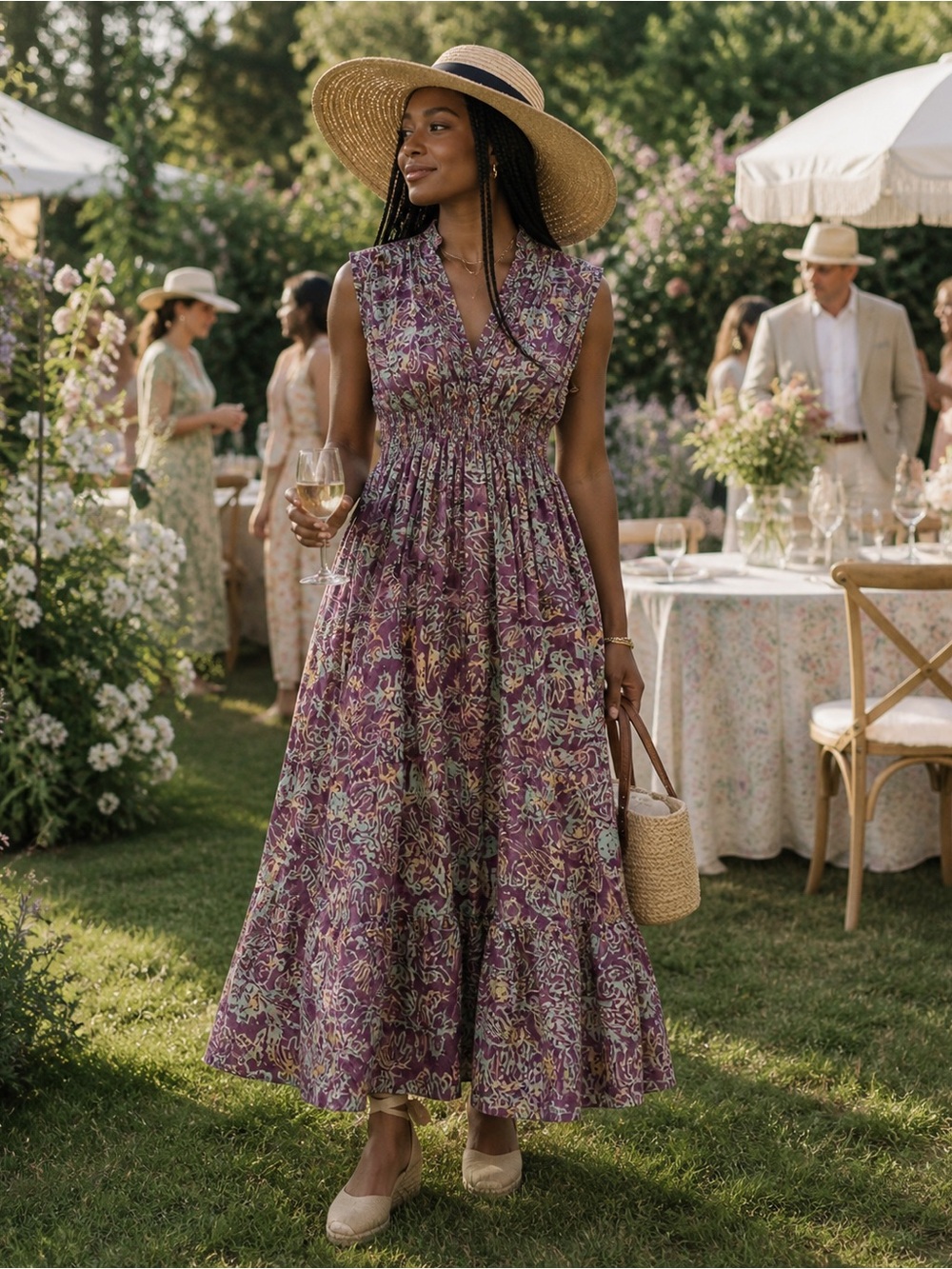 Vintage Violet Floral Midi Dress with Teal Accents - Picture 2 of 8